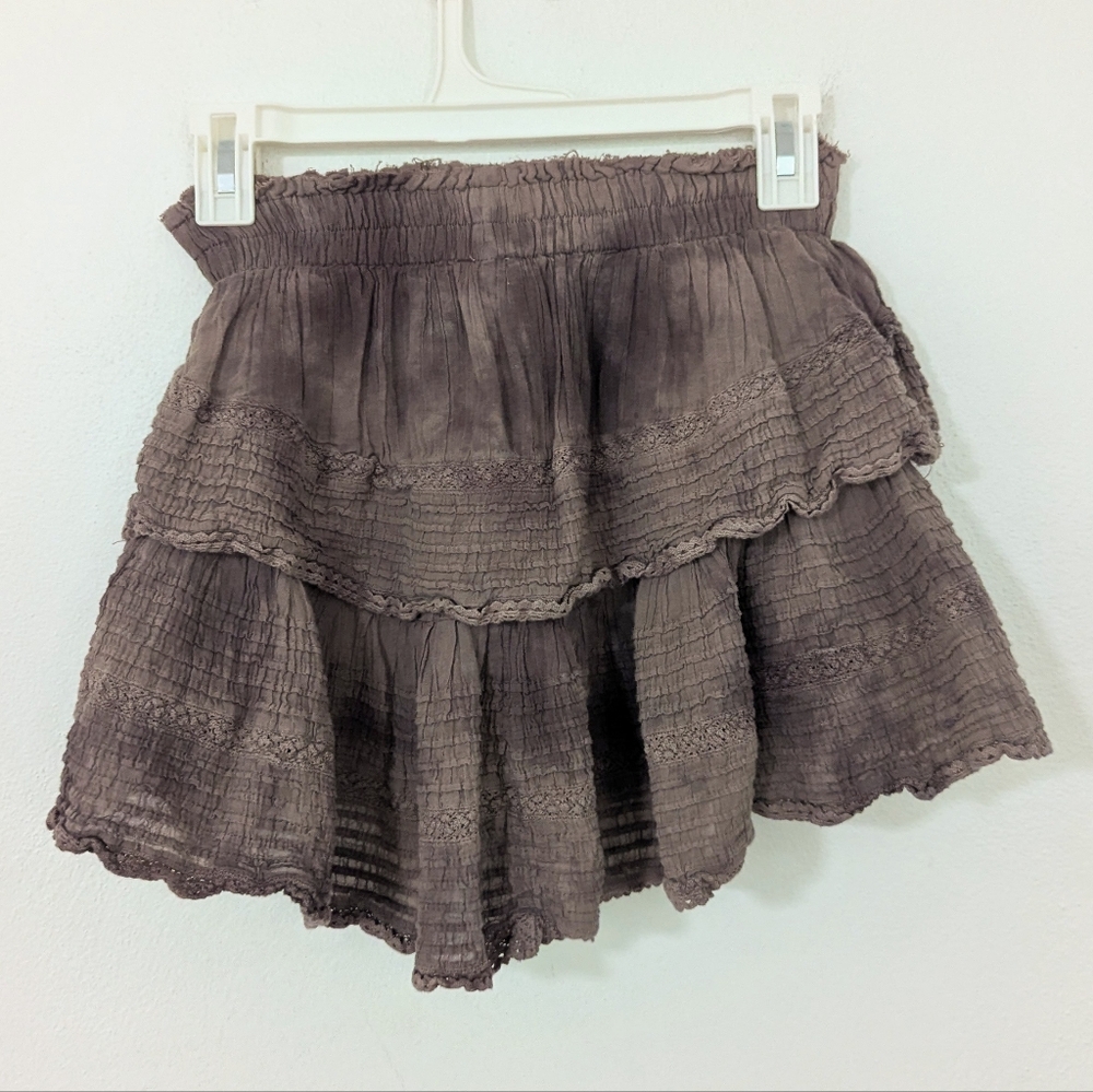 Aerie Rock N Ruffle Mini Skirt Tie Dye Tiered Brown Boho Lace Smocked XS